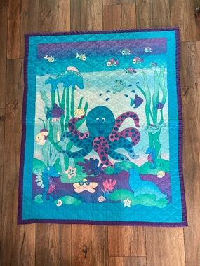 Vintage Handmade Under the Sea Octopus Nursery Quilt Blanket - Teal & Purple